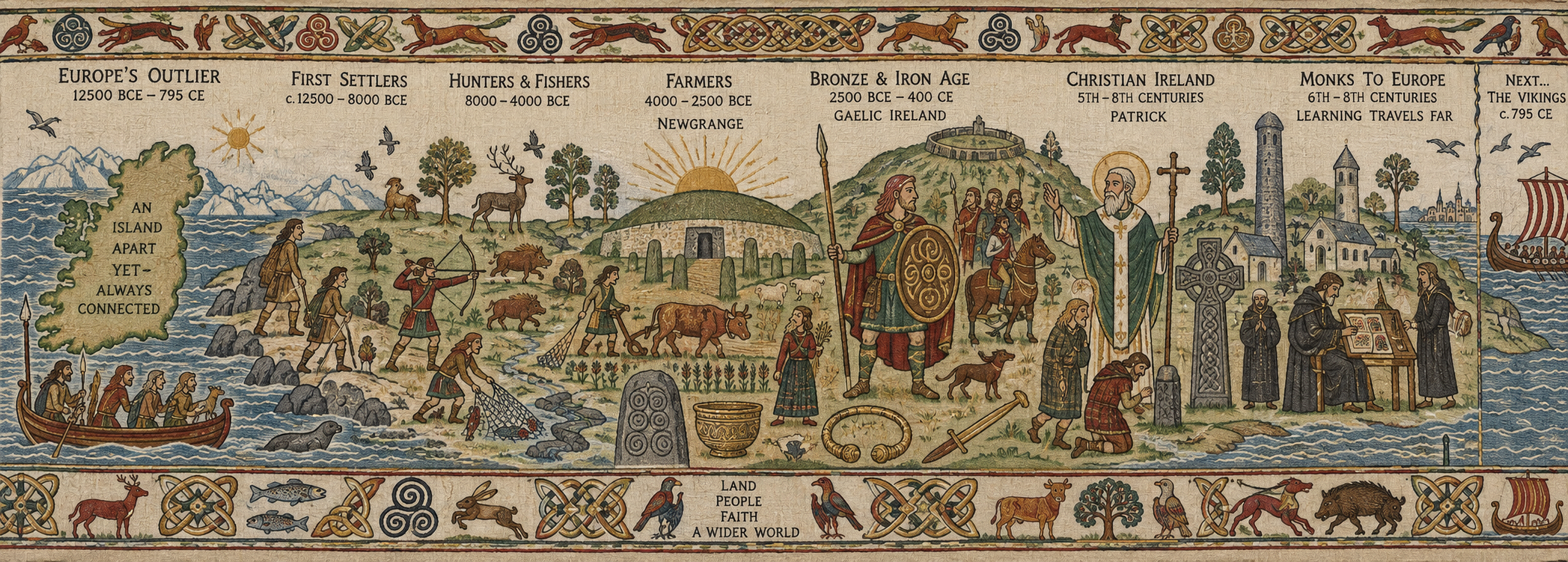 Tapestry panel covering Ireland from the earliest settlement and prehistoric eras through early Christian Ireland to the arrival of the Vikings.