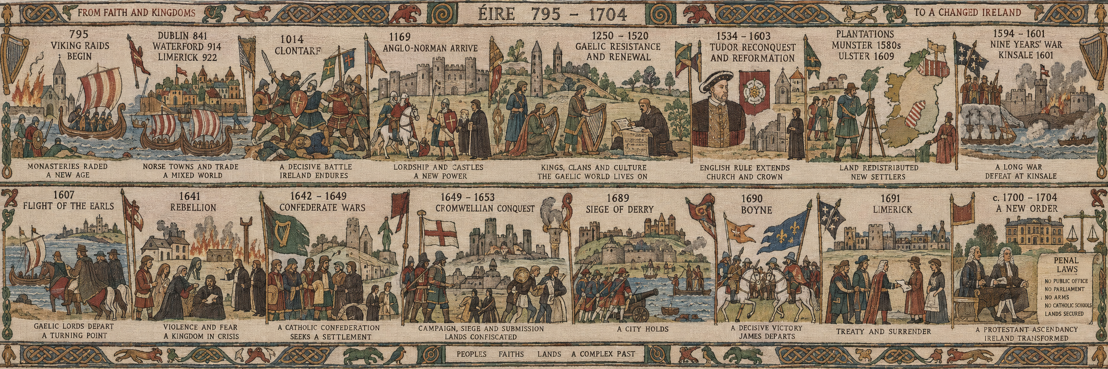 Tapestry panel covering Viking Ireland, medieval kingdoms, Anglo-Norman arrival, Tudor conquest, plantations, seventeenth-century wars and the Williamite settlement.