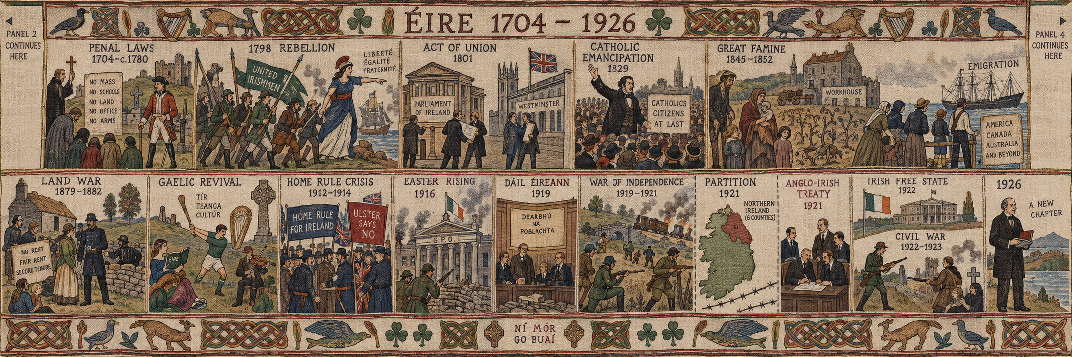 Tapestry panel covering the Penal Laws, 1798 Rebellion, Act of Union, emancipation, Great Famine, Land War, Gaelic Revival, revolution, partition, treaty and Civil War.