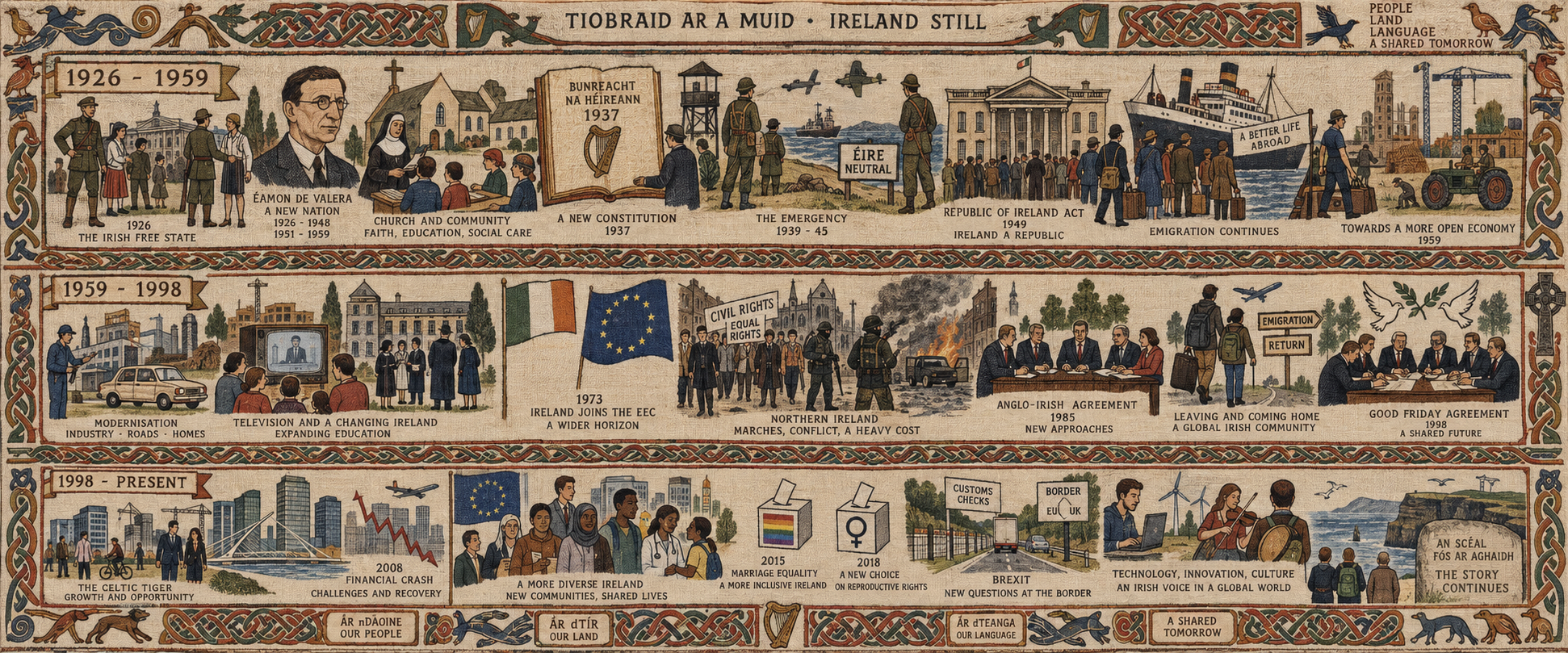 Tapestry panel covering the Irish Free State, de Valera era, the Emergency, Republic, modernization, the Troubles and peace process, Celtic Tiger, social change, Brexit and present-day Ireland.